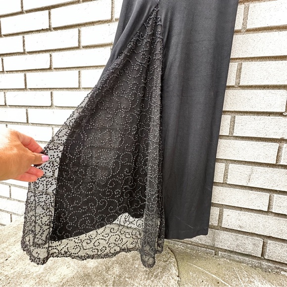 Vintage Roberta Y2K Black Slinky Jersey Maxi Slip Dress Lace Inset Large - Picture 4 of 9